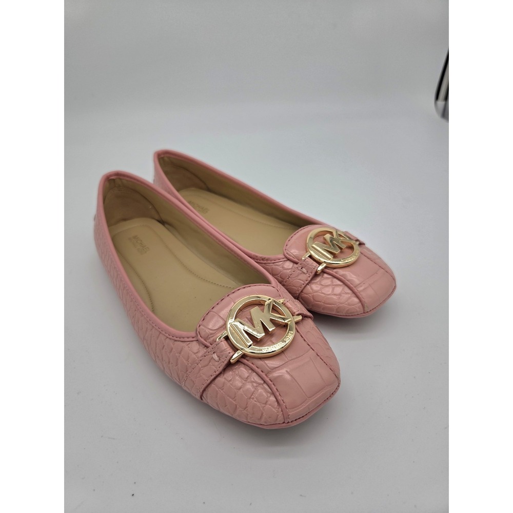 Michael Kors Fulton Croc Embossed PINK Flat Shoe MK Logo Moccasin Sz 9.5M - Picture 1 of 5